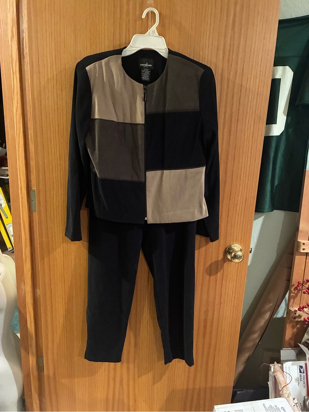 Positive Attitude Black, Green and Taupe Colorblock Women's Pantsuit